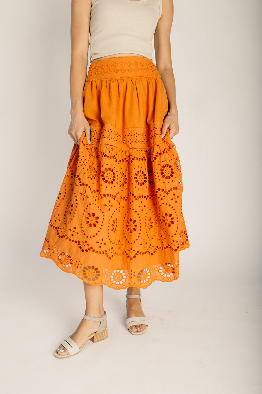The Popko Eyelet Midi Skirt in Ginger