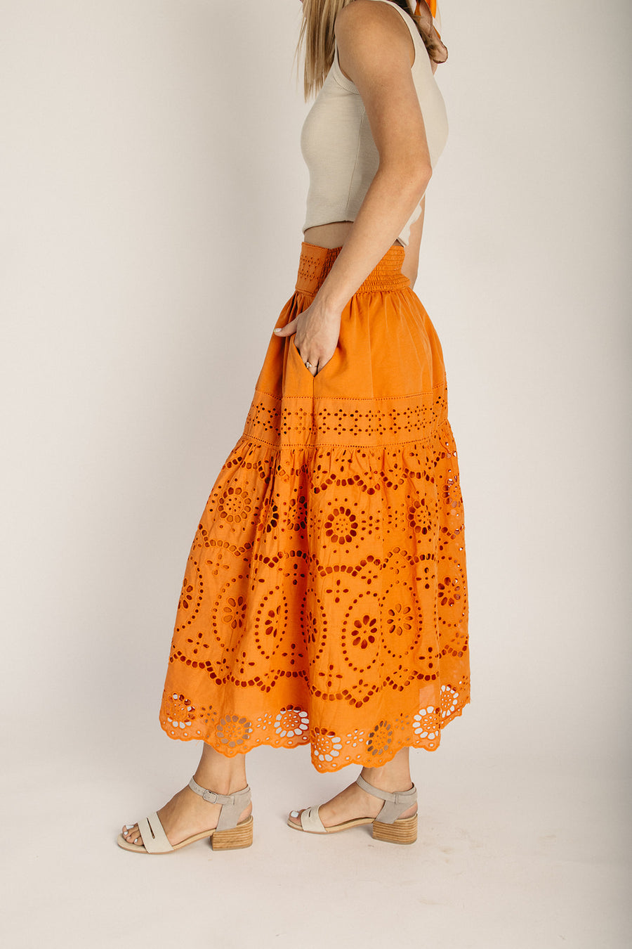 The Popko Eyelet Midi Skirt in Ginger