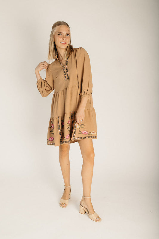 The Loren Embroidered Detail Dress in Mocha Multi