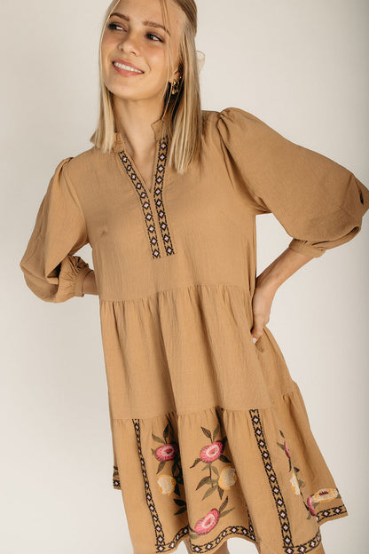 The Loren Embroidered Detail Dress in Mocha Multi