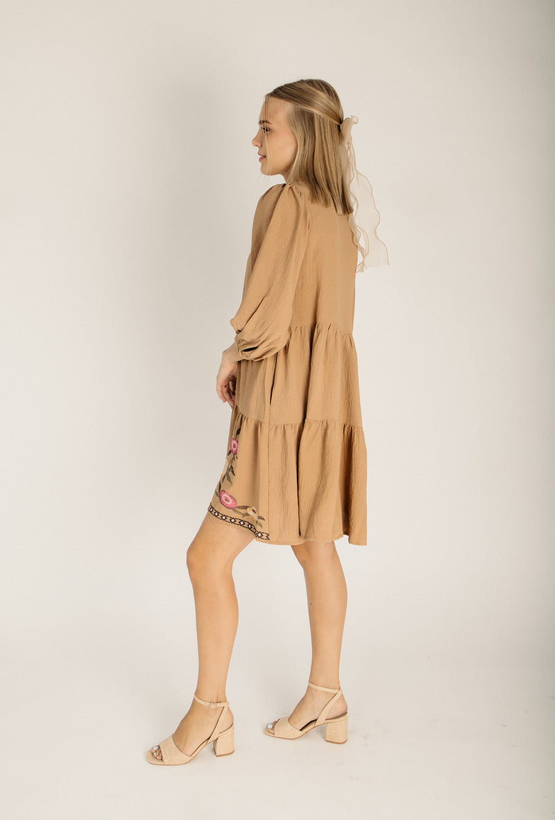 The Loren Embroidered Detail Dress in Mocha Multi