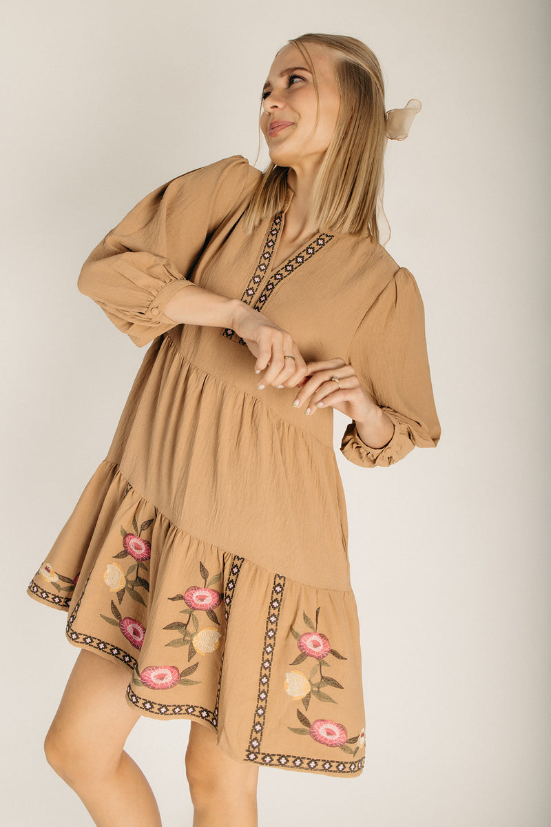 The Loren Embroidered Detail Dress in Mocha Multi